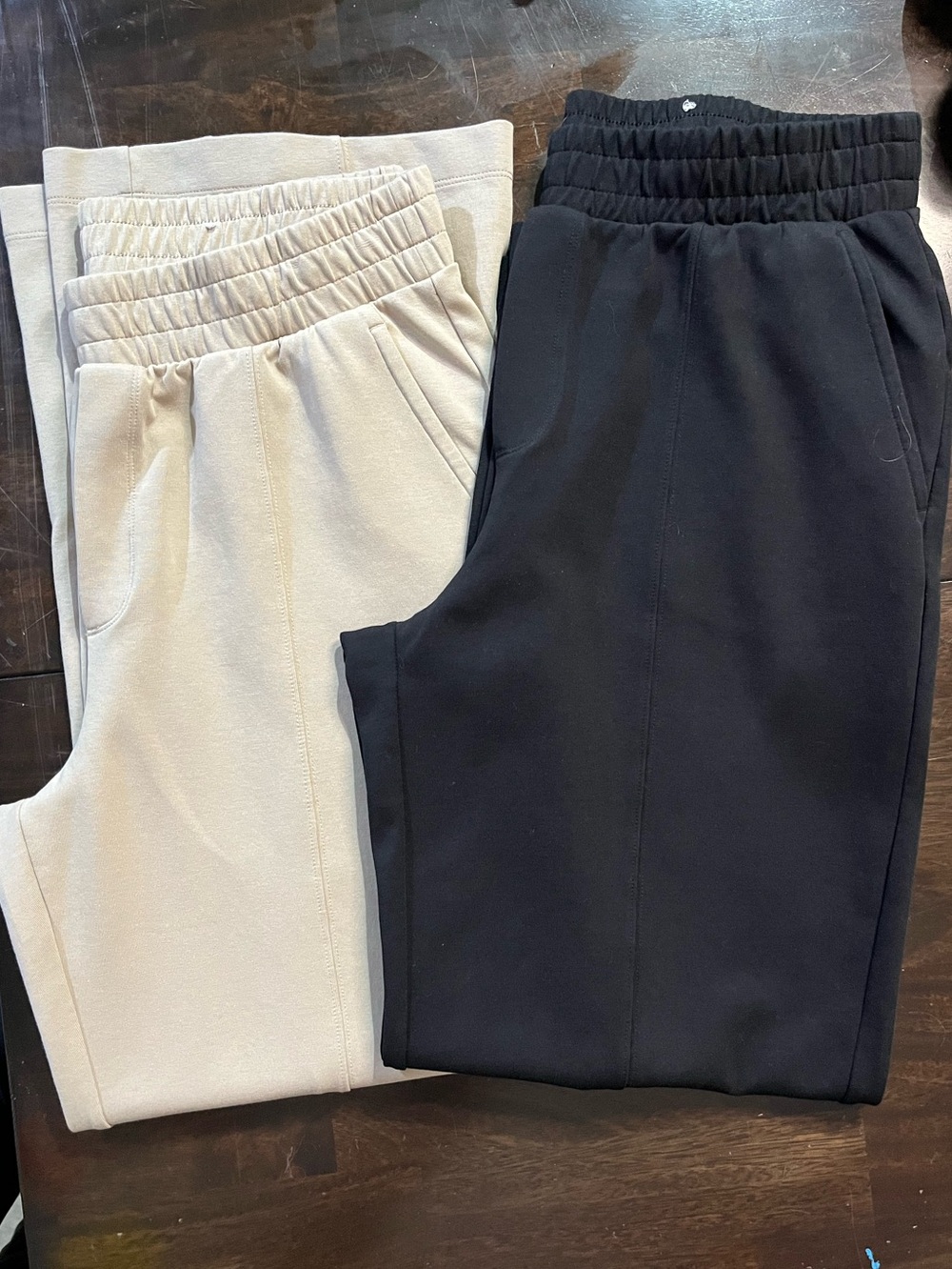 TWO PAIR - Old Navy Dynamic Fleece High Rise Wide Leg Pants, Black, Tan, Sz L